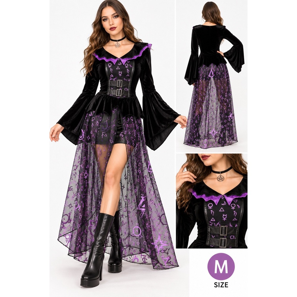 Spirit Halloween Women Sorceress Costume Black Velvet Purple Occult Symbols M